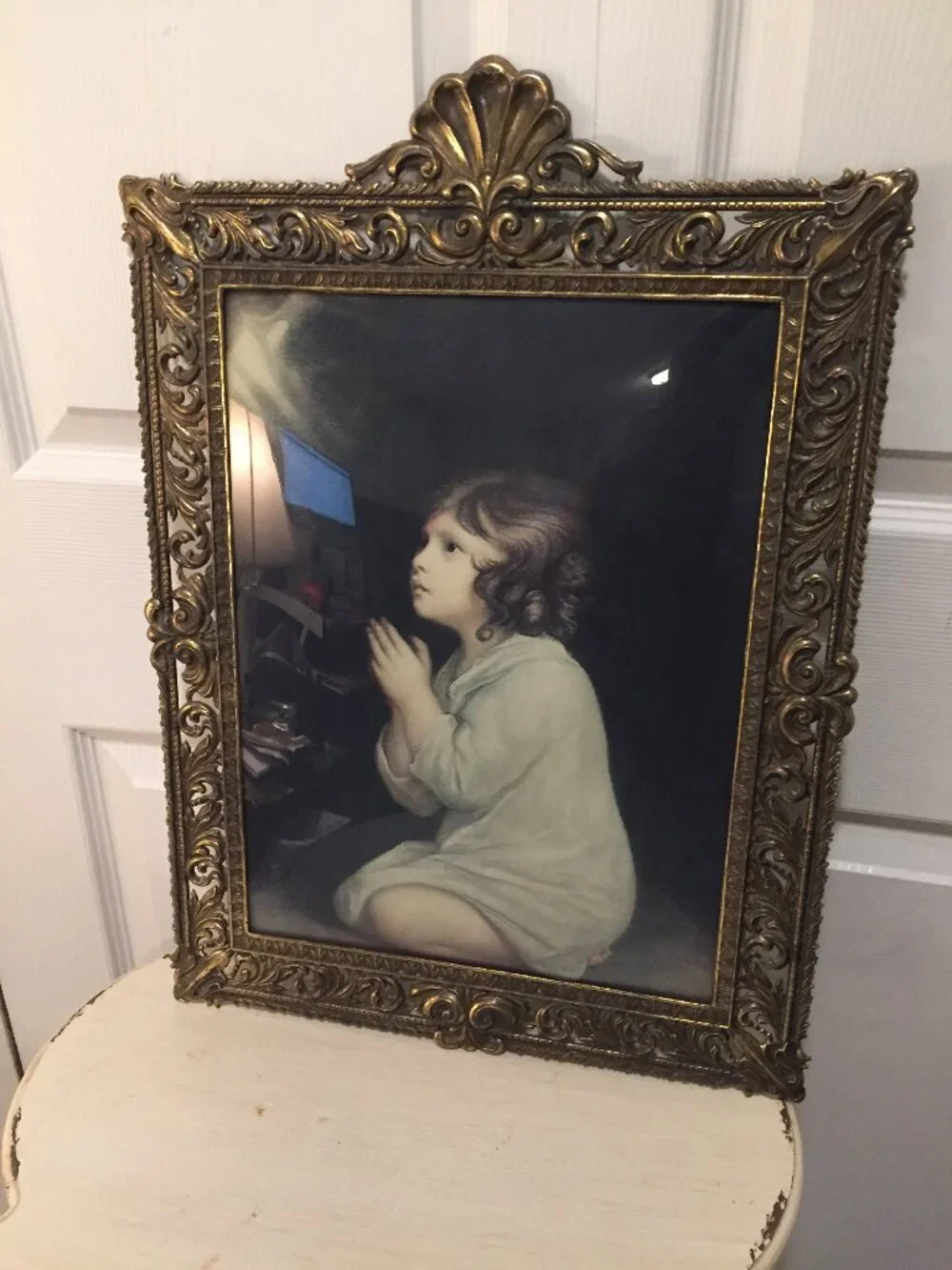Vtg Italy Filigree Brass Bubble Glass Frame THE INFANT SAMUEL Praying 15x21